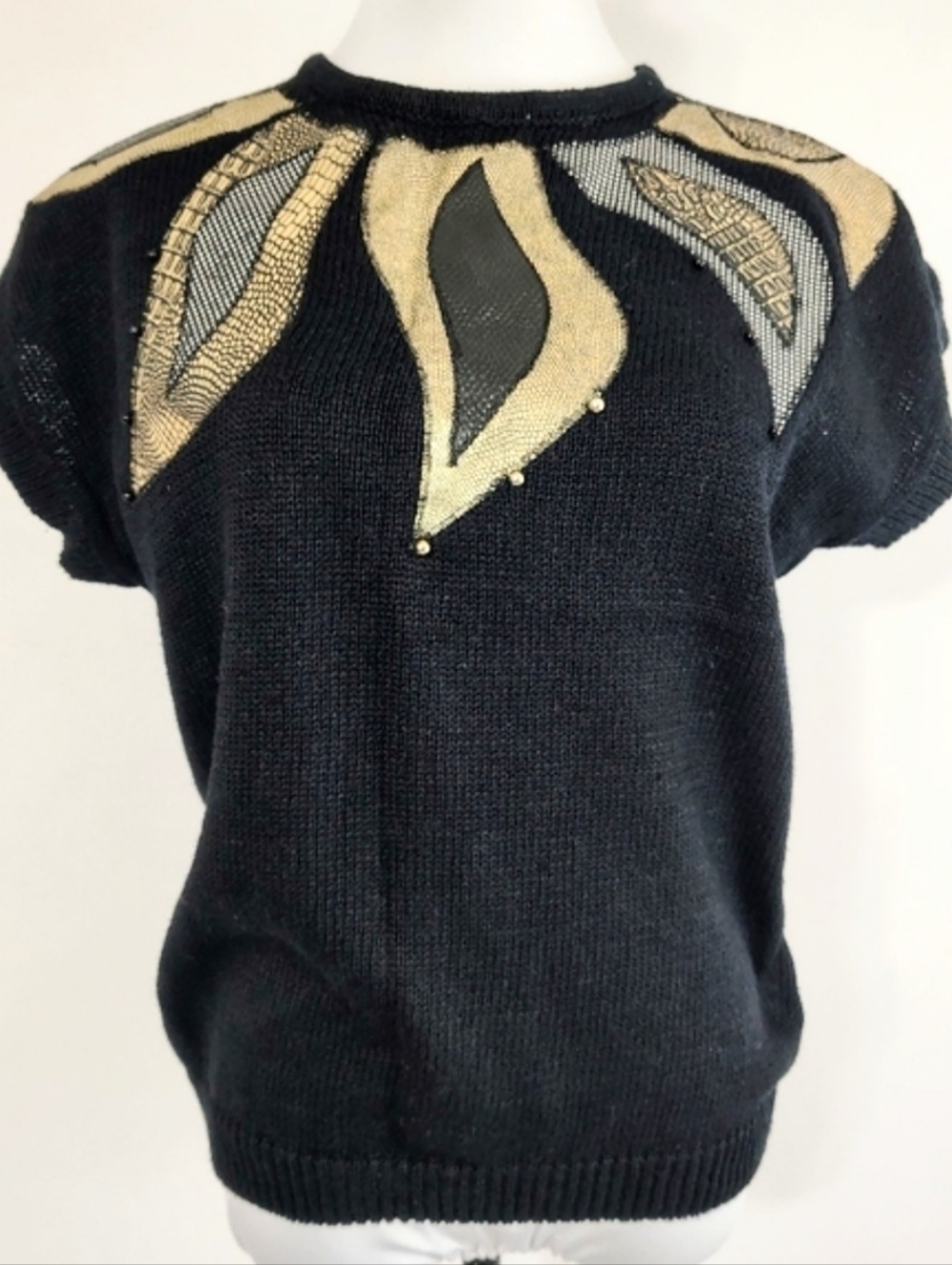 Vintage 80s Evian Women's Black Patchwork Sweater Top Size Large Glam Maximalist - Picture 3 of 10